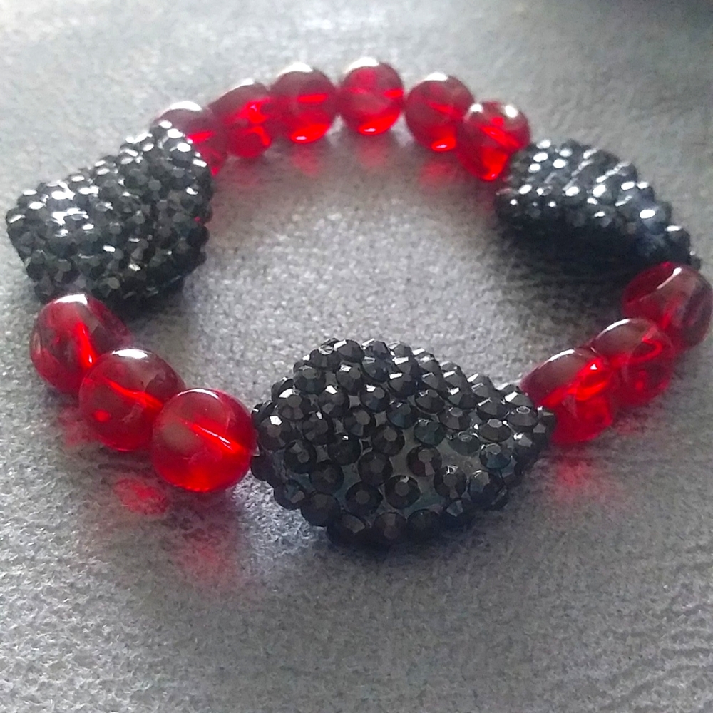 Hand Crafted red and black crystal bracelet beaded statement bracelet